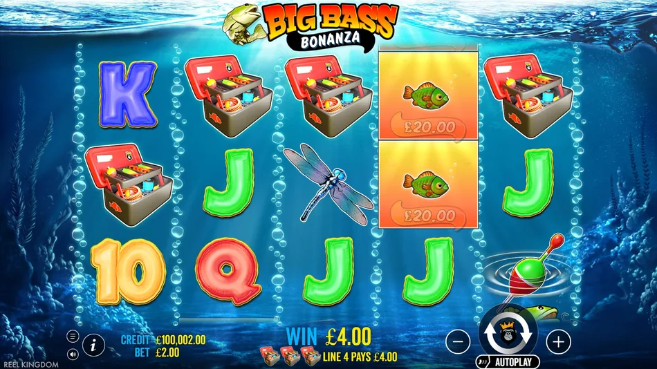 Five Tackle Box symbols in a row on a highlighted payline in the base game
