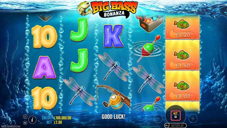 Base game reels with fish on orange tiles, a float and card ranks in the blue underwater scene